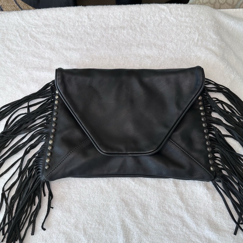 Tylie Malibu Black Leather Studded Fringe Lined Clutch Purse Magnet Close Pocket - Picture 2 of 14